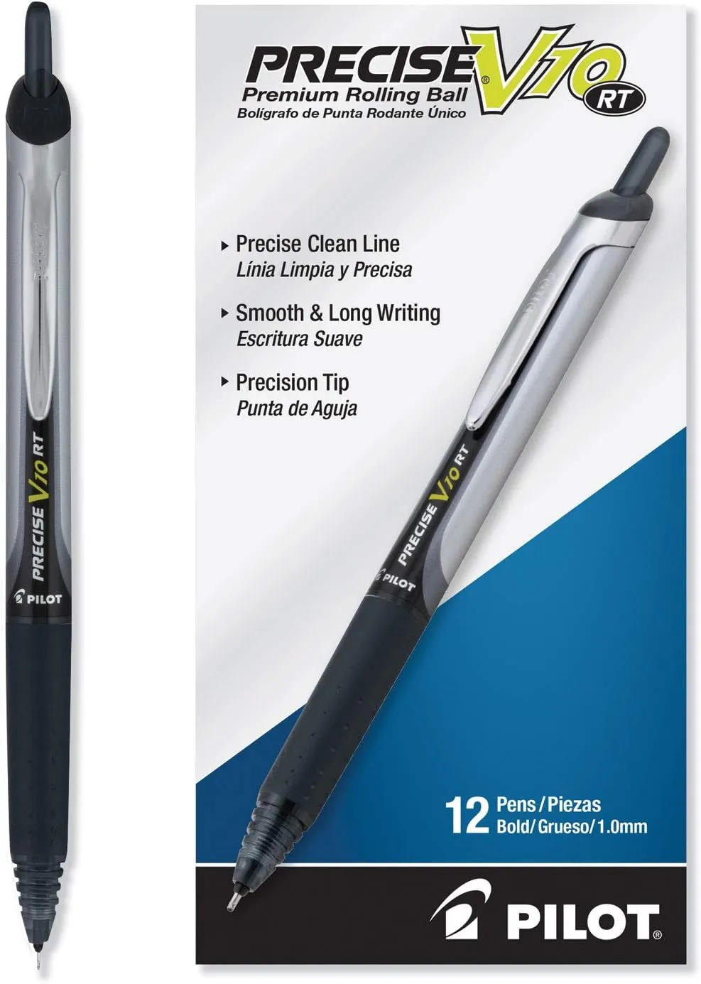 Pilot, Precise V10 RT Refillable & Retractable Rolling Ball Pens, Bold Point 1 mm, Black, Pack of 12