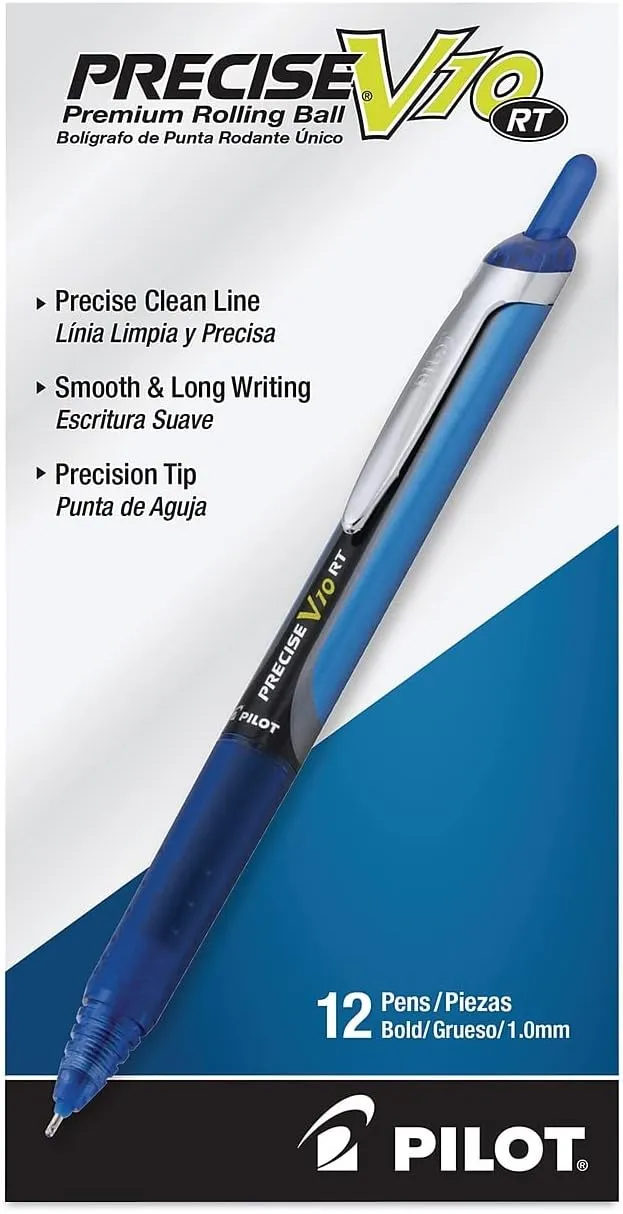 Pilot, Precise V10 RT Refillable & Retractable Rolling Ball Pens, Bold Point 1 mm, Blue, Pack of 12