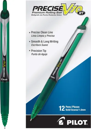 Pilot, Precise V10 RT Refillable & Retractable Rolling Ball Pens, Bold Point 1 mm, Green, Pack of 12
