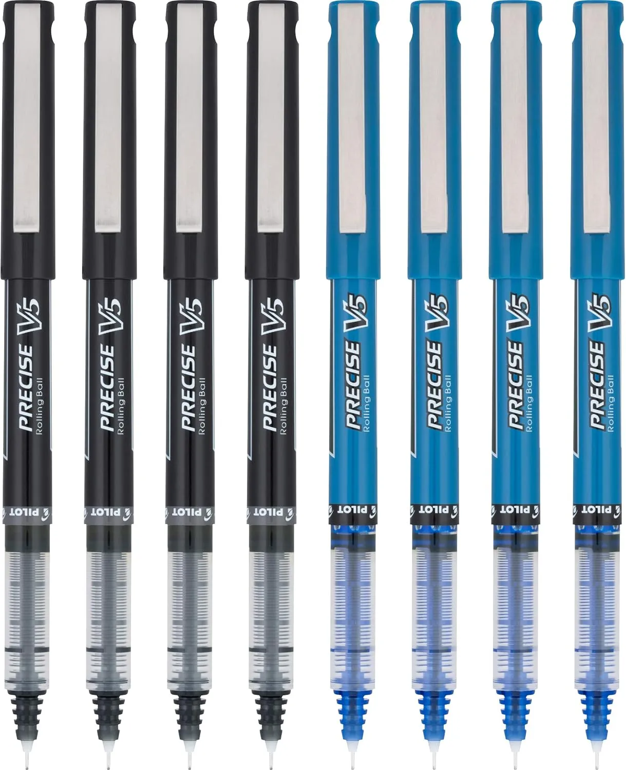 Pilot, Precise V5, Capped Liquid Ink Rolling Ball Pens, Extra Fine Point 0.5 mm, Blue/Black, Pack of 8