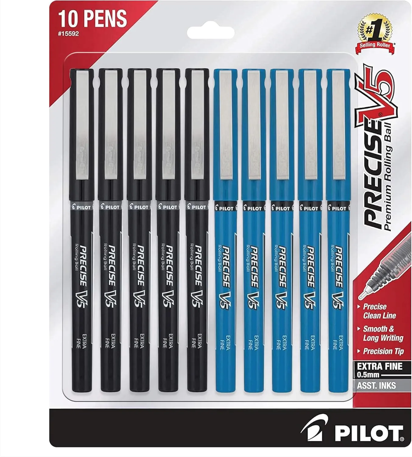PILOT Precise V5 Rolling Ball Pen Extra Fine Point - 0.5mm - Bulk 10 Pack of 5 Black and 5 Blue Liquid Ink Rollerball Pens