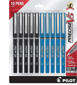 PILOT Precise V5 Rolling Ball Pen Extra Fine Point - 0.5mm - Bulk 10 Pack of 5 Black and 5 Blue Liquid Ink Rollerball Pens