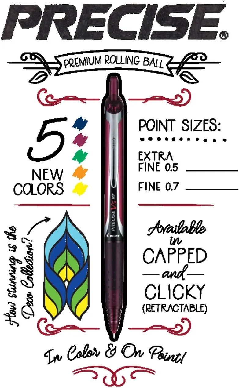 Pilot, Precise V5 RT Refillable & Retractable Rolling Ball Pens, Extra Fine Point 0.5 mm, Assorted Colors, Tub of 48