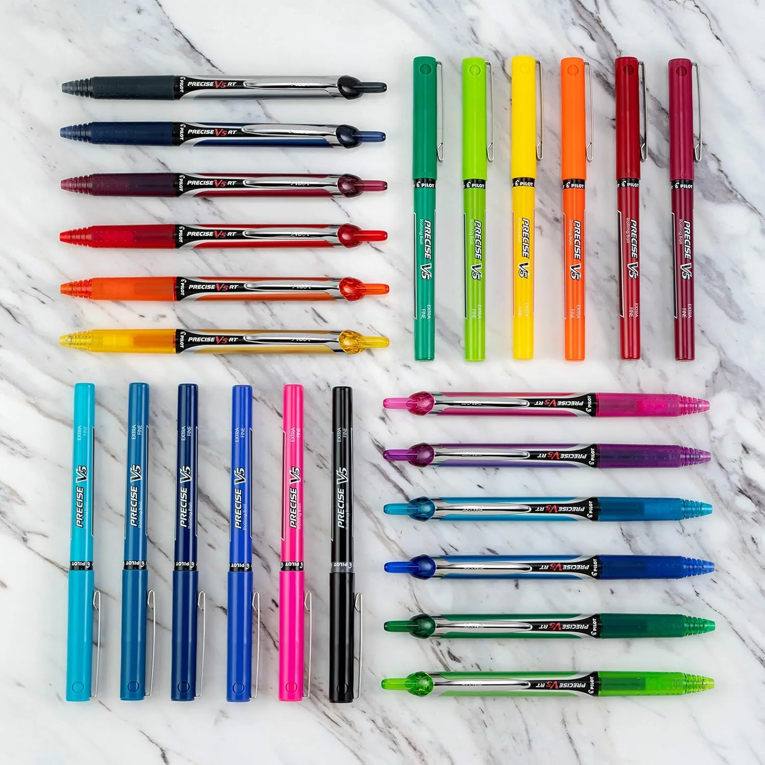Pilot, Precise V5 RT Refillable & Retractable Rolling Ball Pens, Extra Fine Point 0.5 mm, Assorted Colors, Tub of 48