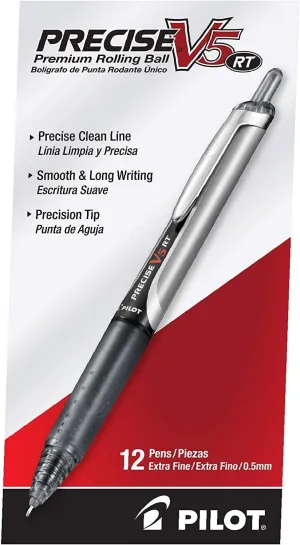 Pilot, Precise V5 RT Refillable & Retractable Rolling Ball Pens, Extra Fine Point 0.5 mm, Black, Pack of 12