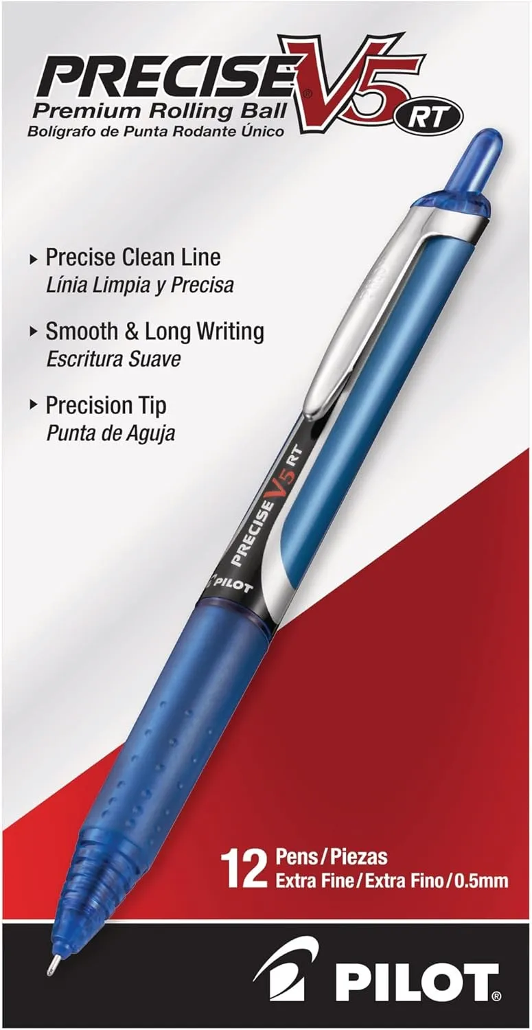 Pilot, Precise V5 RT Refillable & Retractable Rolling Ball Pens, Extra Fine Point 0.5 mm, Blue, Pack of 12