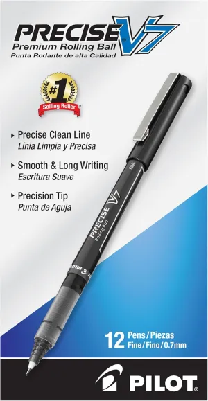 Pilot, Precise V7, Capped Liquid Ink Rolling Ball Pens, Fine Point 0.7 mm, Black, Pack of 12