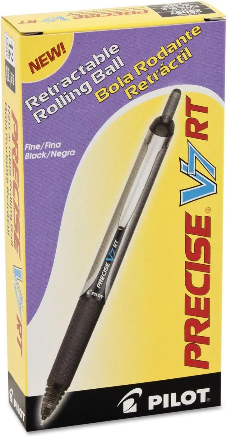 Pilot Precise V7 RT Refillable & Retractable Liquid Ink Rolling Ball Pens, Fine Point (0.7 mm), Black, 12-Pack