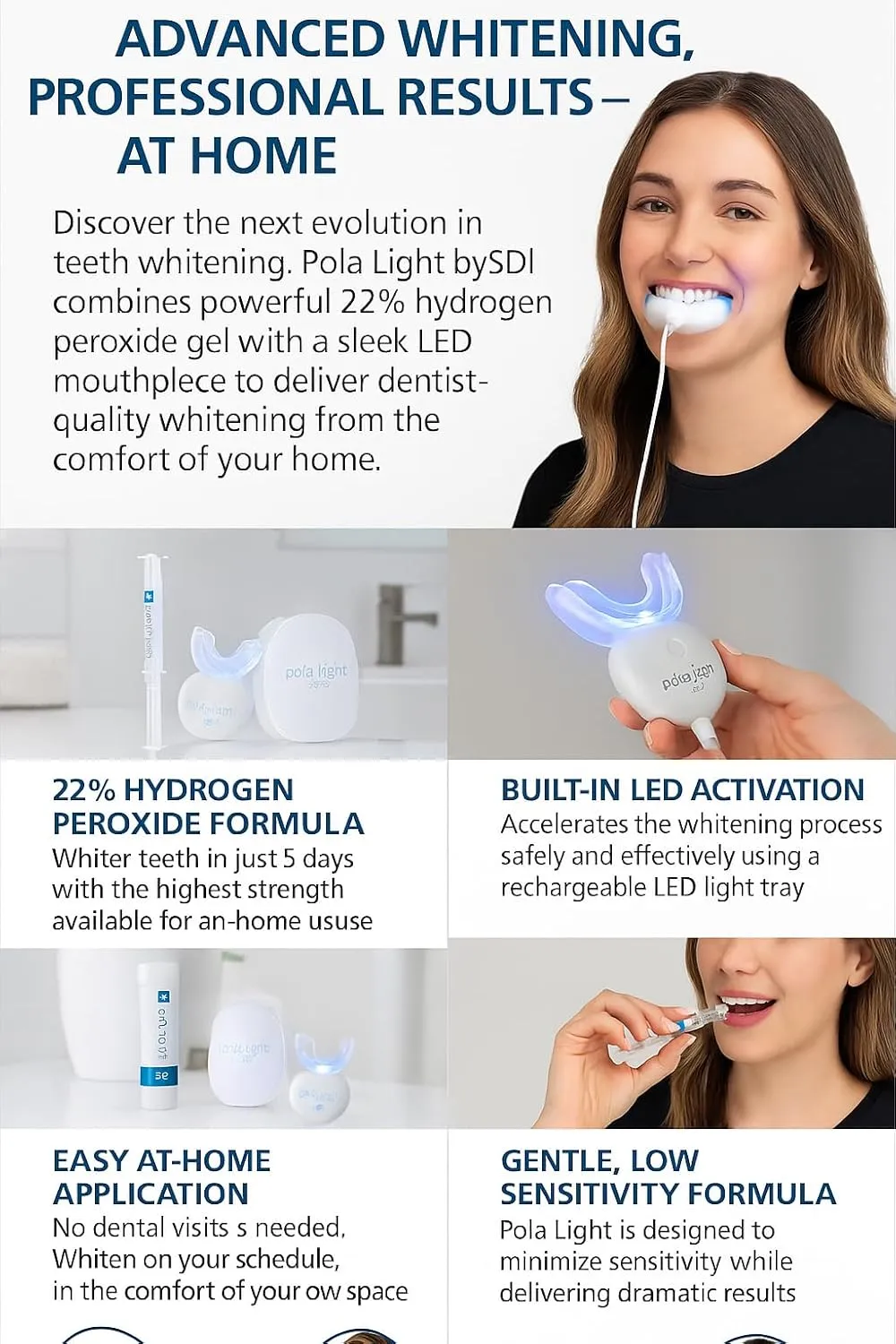PolaLight Home Tooth Whitening System Kit 22% Carbamide Peroxide Ea