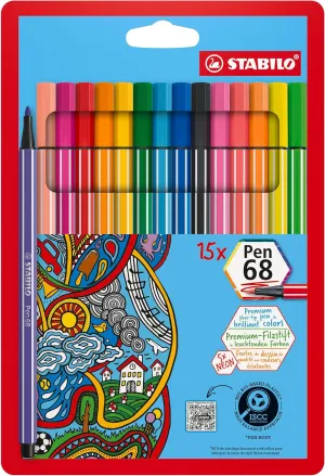 Premium Fiber-Tip Pen - STABILO Pen 68 - Pack of 15 - Assorted Colors including 5 Neon Colors