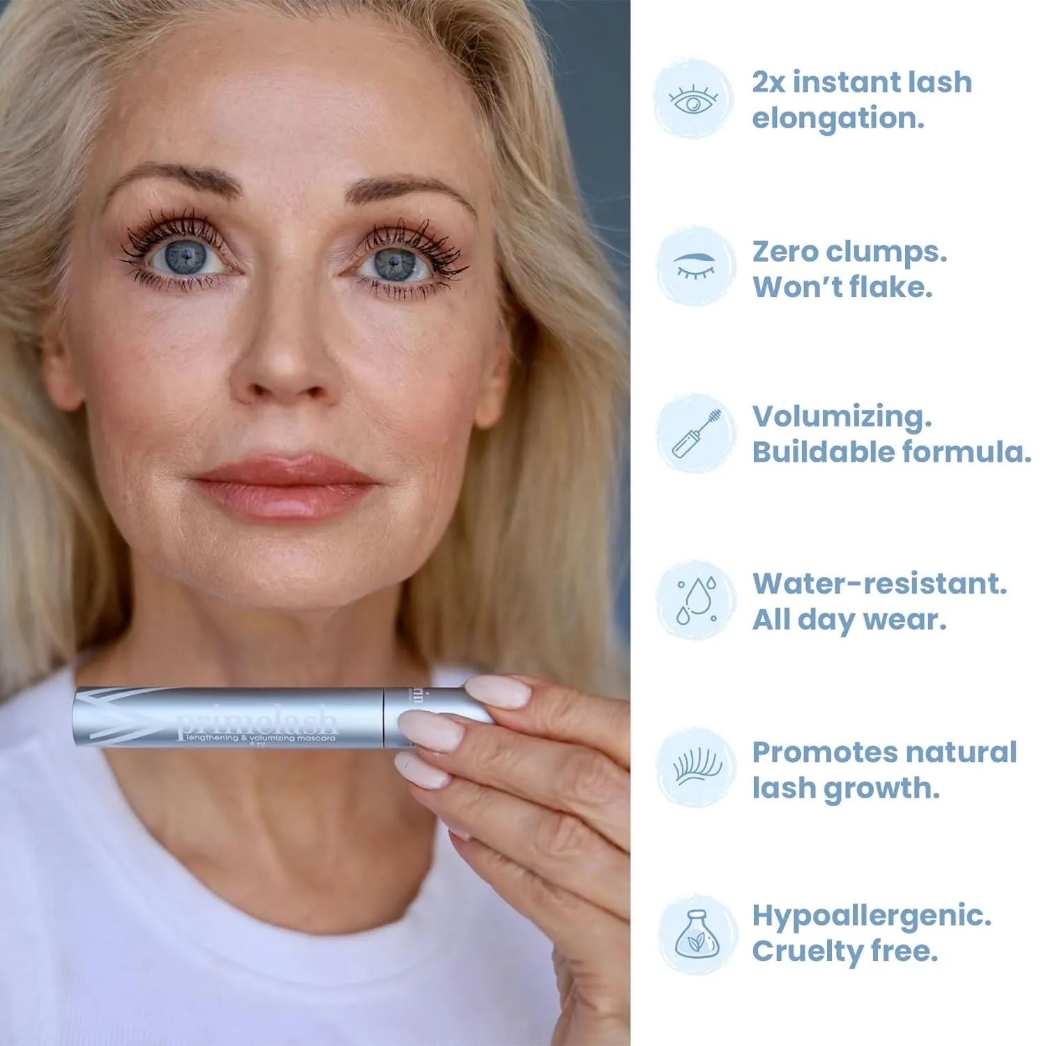 PrimeLash Mascara for Older Women – Volumizing, Incredible Length in 2 Coats – Long-Stay, Zero Clumps, Hypoallergenic (Brown)