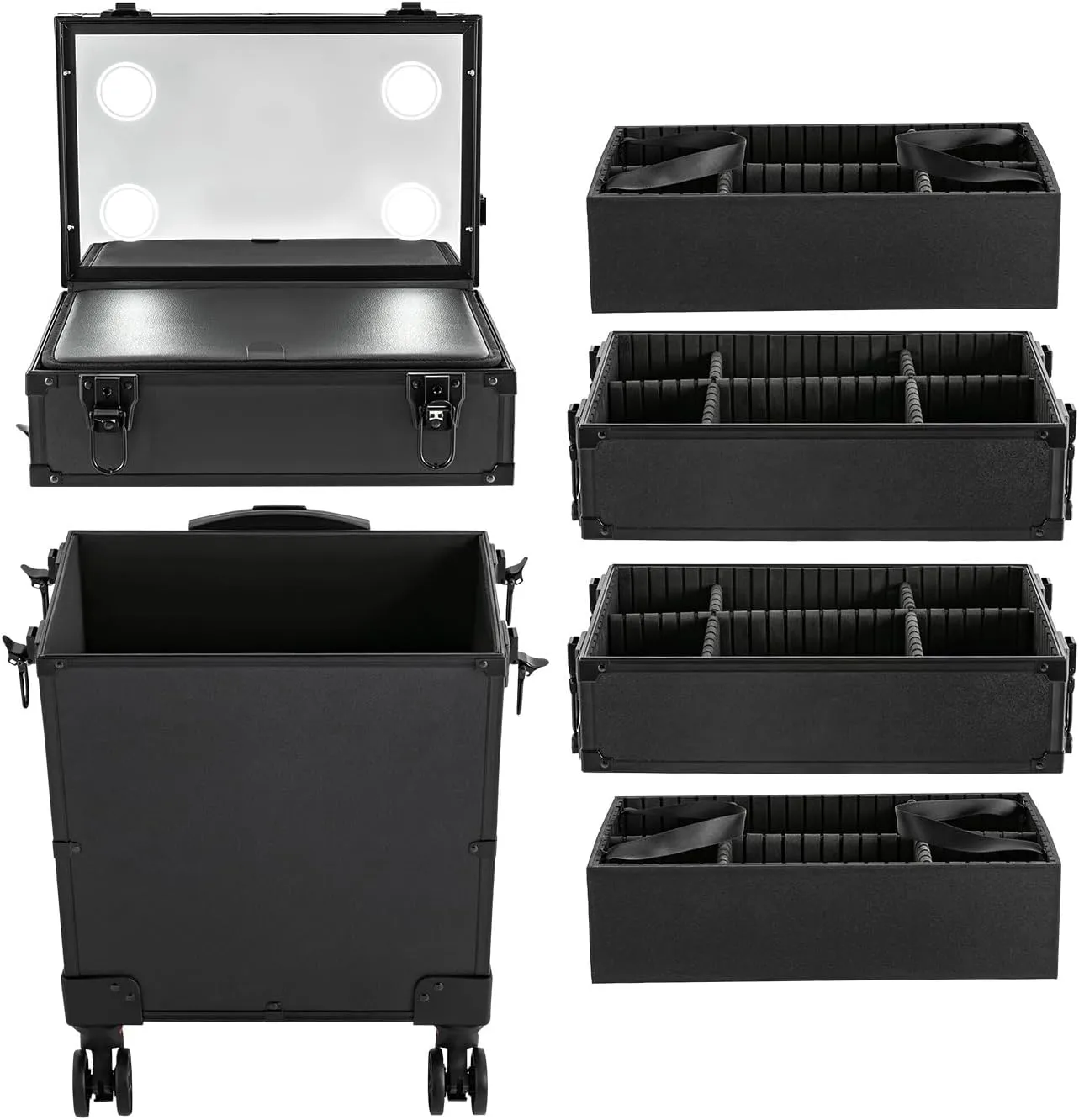 Professional Rolling Makeup Train Case with LED Lights, Aluminum Large Capacity Trolley Makeup Travel Case with 360° Rotation Wheels, Extra Large Cosmetic Case Cosmetology Organizer, Black