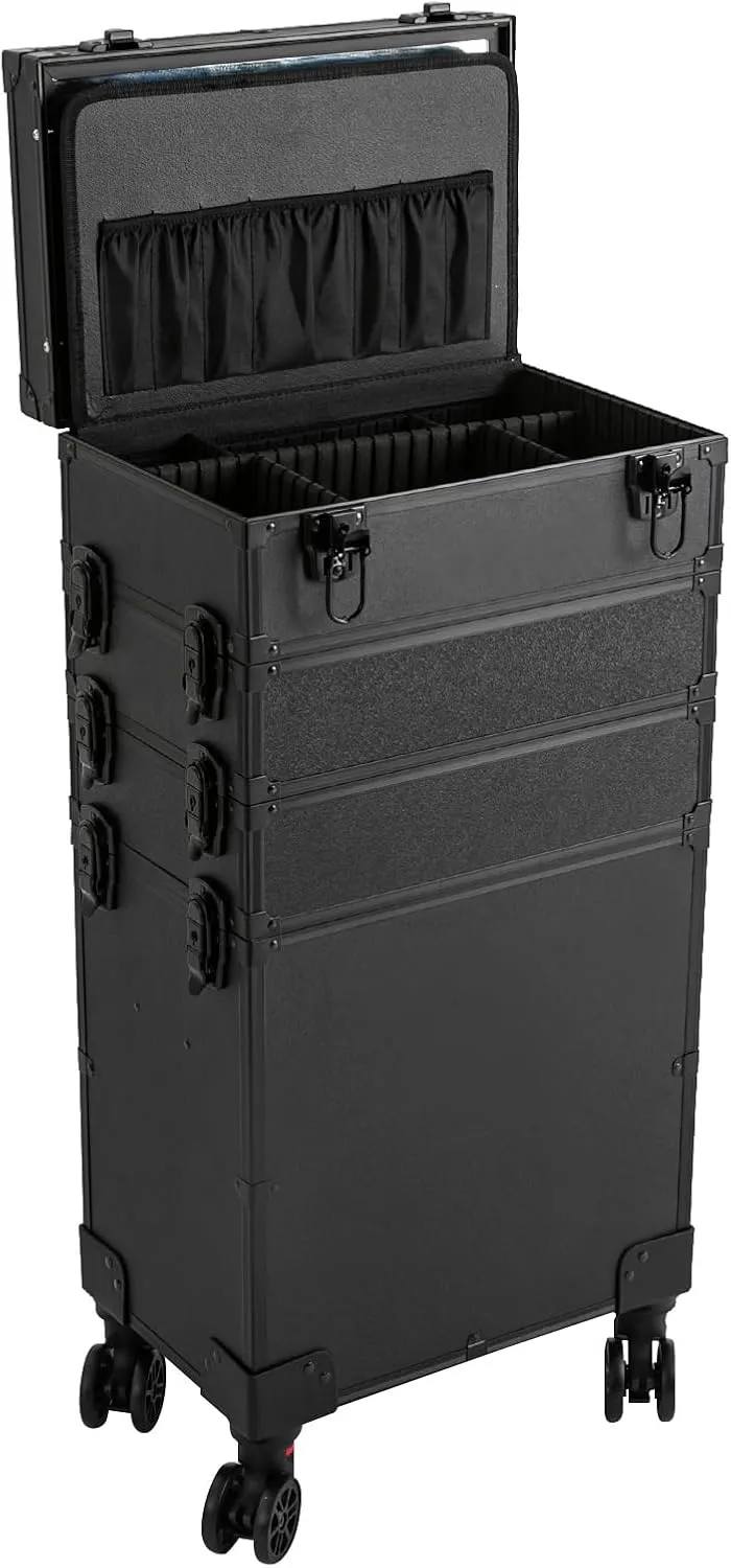 Professional Rolling Makeup Train Case with LED Lights, Aluminum Large Capacity Trolley Makeup Travel Case with 360° Rotation Wheels, Extra Large Cosmetic Case Cosmetology Organizer, Black