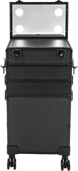 Professional Rolling Makeup Train Case with LED Lights, Aluminum Large Capacity Trolley Makeup Travel Case with 360° Rotation Wheels, Extra Large Cosmetic Case Cosmetology Organizer, Black