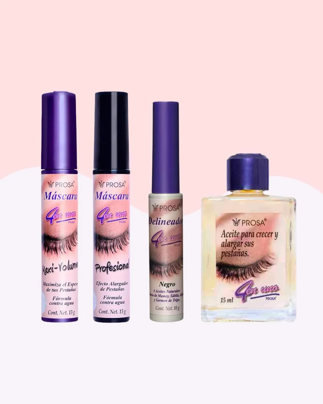PROSAA Beauty Bundle – Maxi Volume Mascara, Professional Mascara, Eyelash Oil, and Black Eyeliner – Natural Lash Care Set