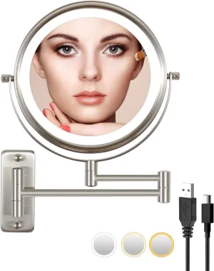 Rechargeable Lighted Makeup Mirror, 10x Magnifying Mirror, 3 Color Lights, Touch Screen Dimming, 360° Extendable Arm Wall Mounted Mirror for Bathroom Shaving (Brushed Nickel)