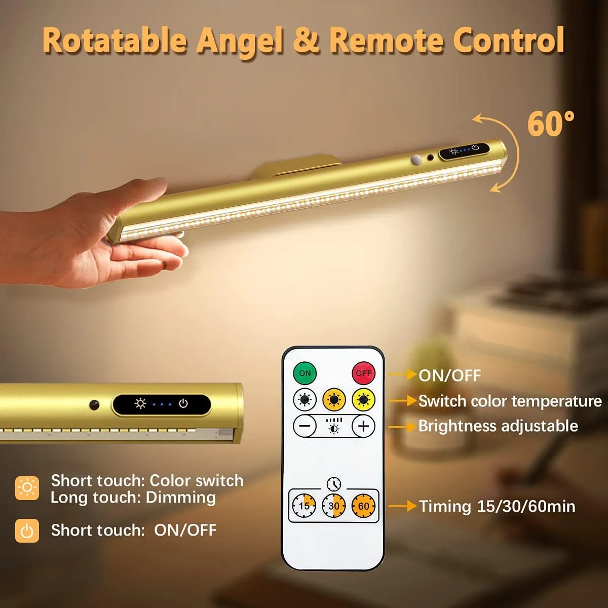 Rechargeable Magnetic LED Light Bar with Remote, Under Cabinet Lighting Wireless, Battery Powered Operated Wall Strip Lights, Dimmable Desk Lamp for Picture Mirror Closet Room – Gold