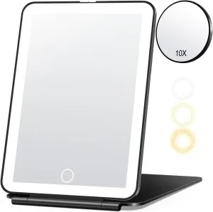 Rechargeable Travel Makeup Mirror, Vanity Mirror with 80LEDs, 3 Color Lighting, 2000mAh Battery, Portable Ultra Slim Lighted Makeup Mirror, Gift for Women (Black)
