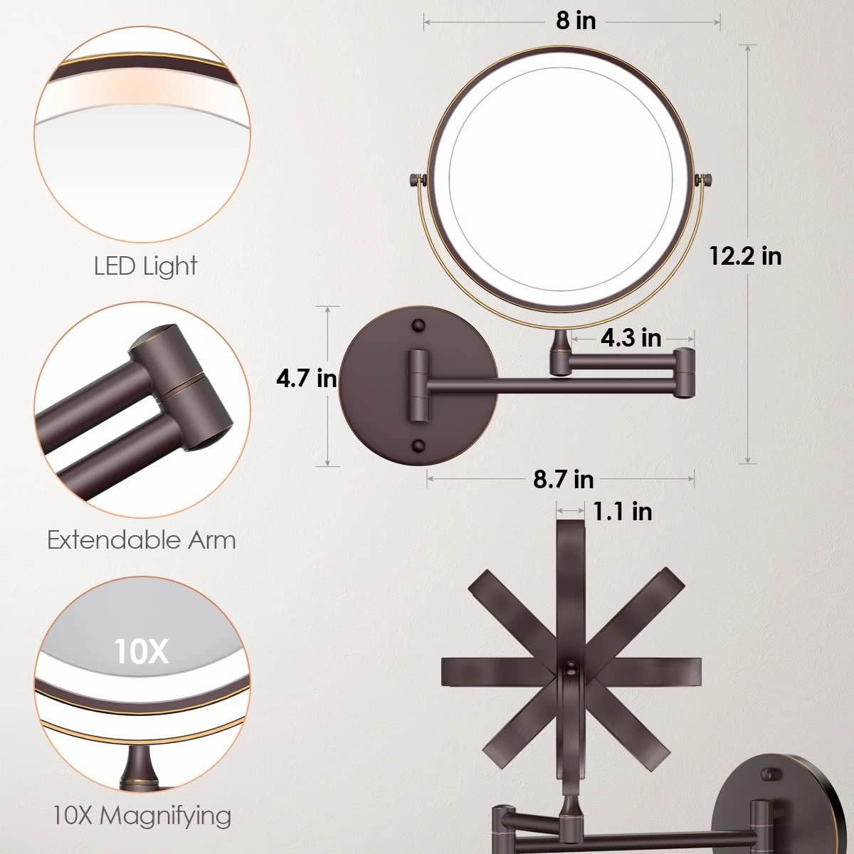 Rocollos Rechargeable Wall Mounted Lighted Makeup Mirror, 8 Inch Double-Sided LED Vanity Mirror 1X/10X Magnification,3 Color Lights Touch Screen Dimmable 360°Swivel 13 Inch Extendable