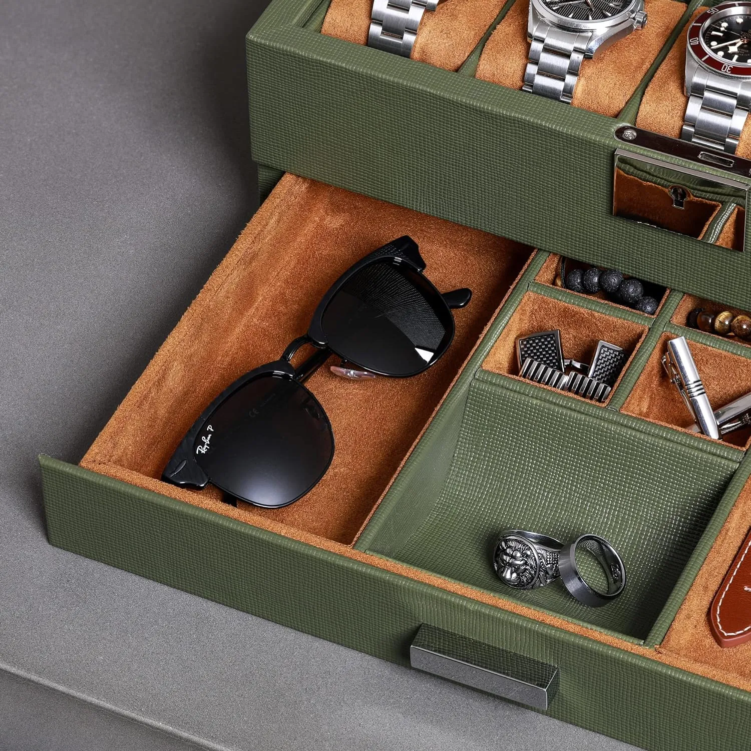 ROTHWELL 10-Slot Watch Box in Leather with Valet Drawer, Luxury Watch Case Display Organizer with Ultra Soft Microsuede Liner, Jewelry and Sunglass Holder With Large Glass top (Green/Tan)
