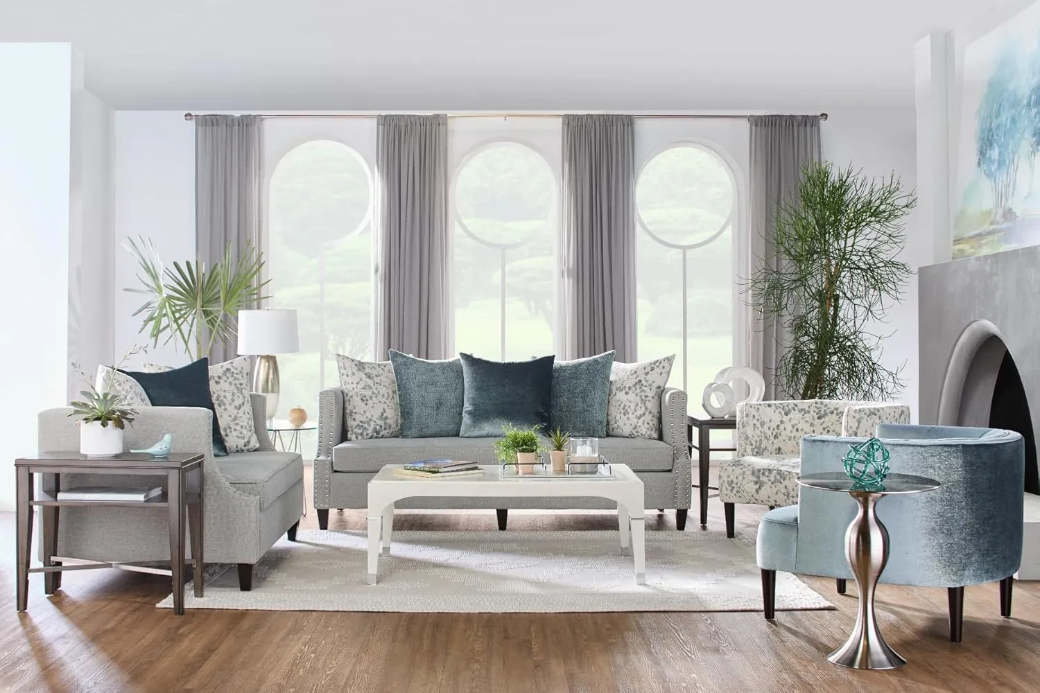 Roundhill Furniture Nari Modern Pillow Back Fabric Sofa and Loveseat Set, Moondance Mist