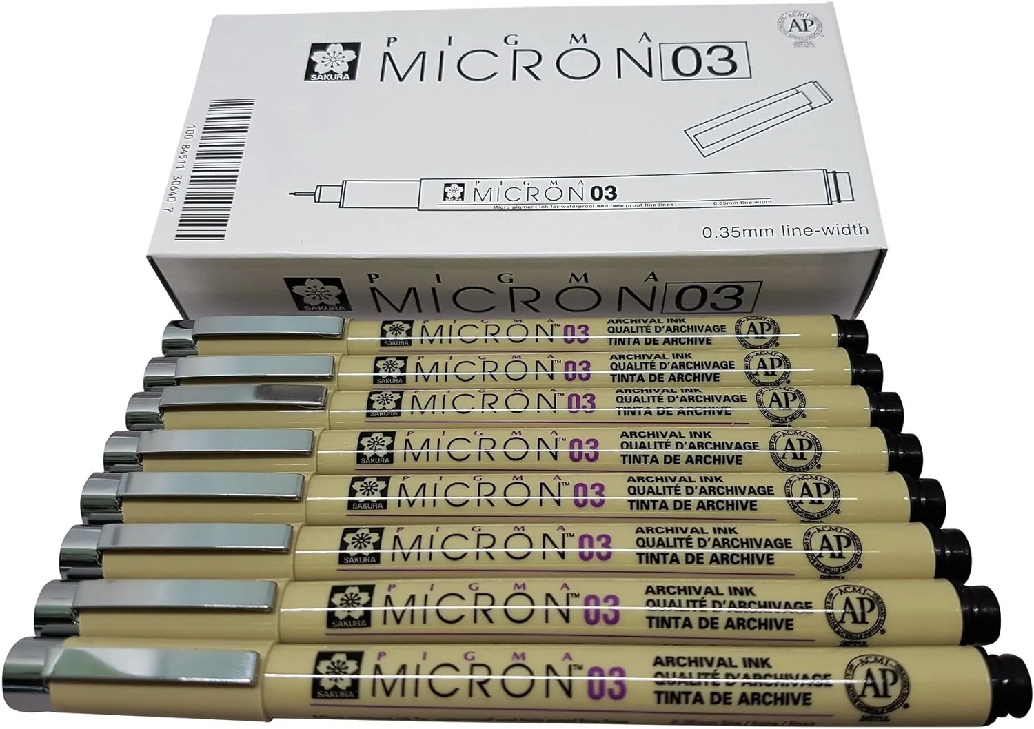 Sakura Pigma Micron pen 03 Black ink marker felt tip pen, Archival pigment ink pens for artist, zentangle, technical drawing pens - 8 pack of Micron 03 Black
