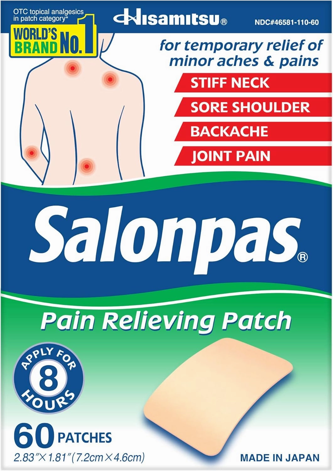 Salonpas Pain Relieving Patch for Back, Neck, Shoulder, Knee Pain and Muscle Soreness - 8 Hour Pain Relief - 60 Count
