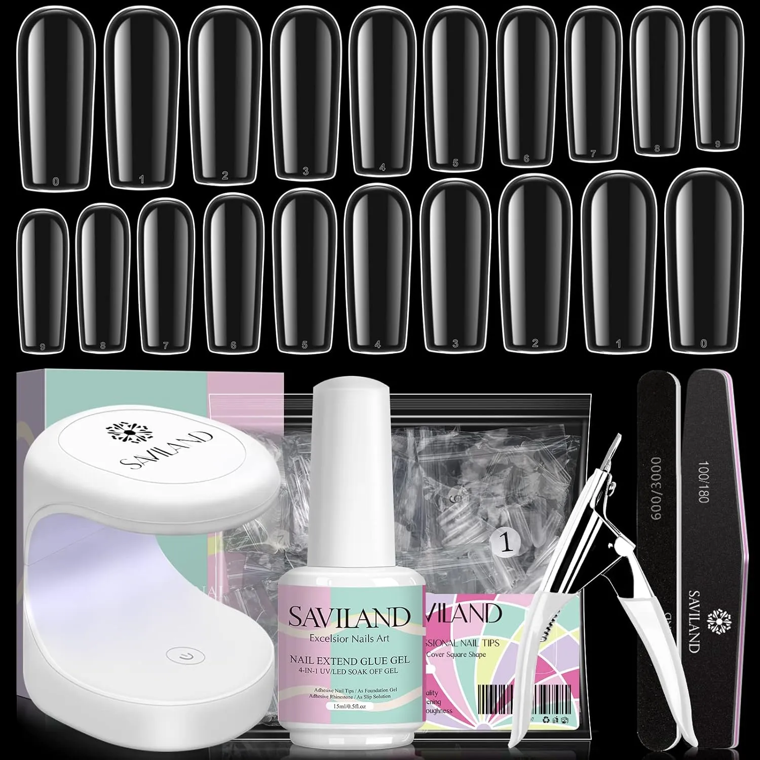 SAVILAND Gels Nail Kit Square - Long Square Nail Tips 500Pcs Full Cover with 4 in 1 Gel Nail Glue and Portable Gels Lamp U V LED Nail Lamp Easy DIY Nail Extension Set Acrylic Nail Kit
