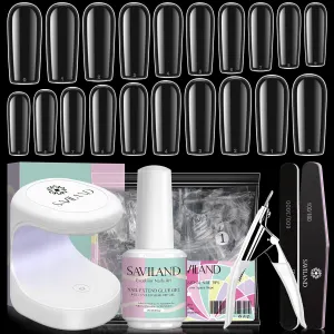 SAVILAND Gels Nail Kit Square - Long Square Nail Tips 500Pcs Full Cover with 4 in 1 Gel Nail Glue and Portable Gels Lamp U V LED Nail Lamp Easy DIY Nail Extension Set Acrylic Nail Kit
