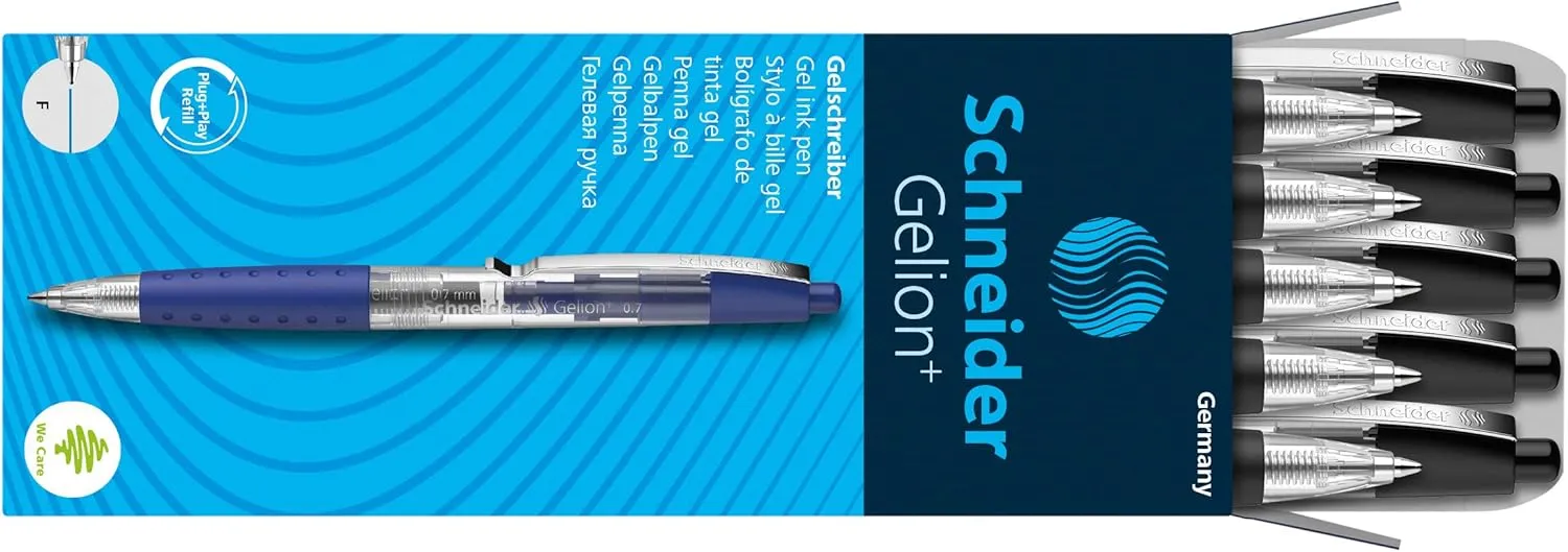 Schneider Gelion  Gel Pen, Refillable and Retractable, Gel Ink, 0.7 mm, Transparent Barrel, Black Ink, Box of 10 Pens (101001)