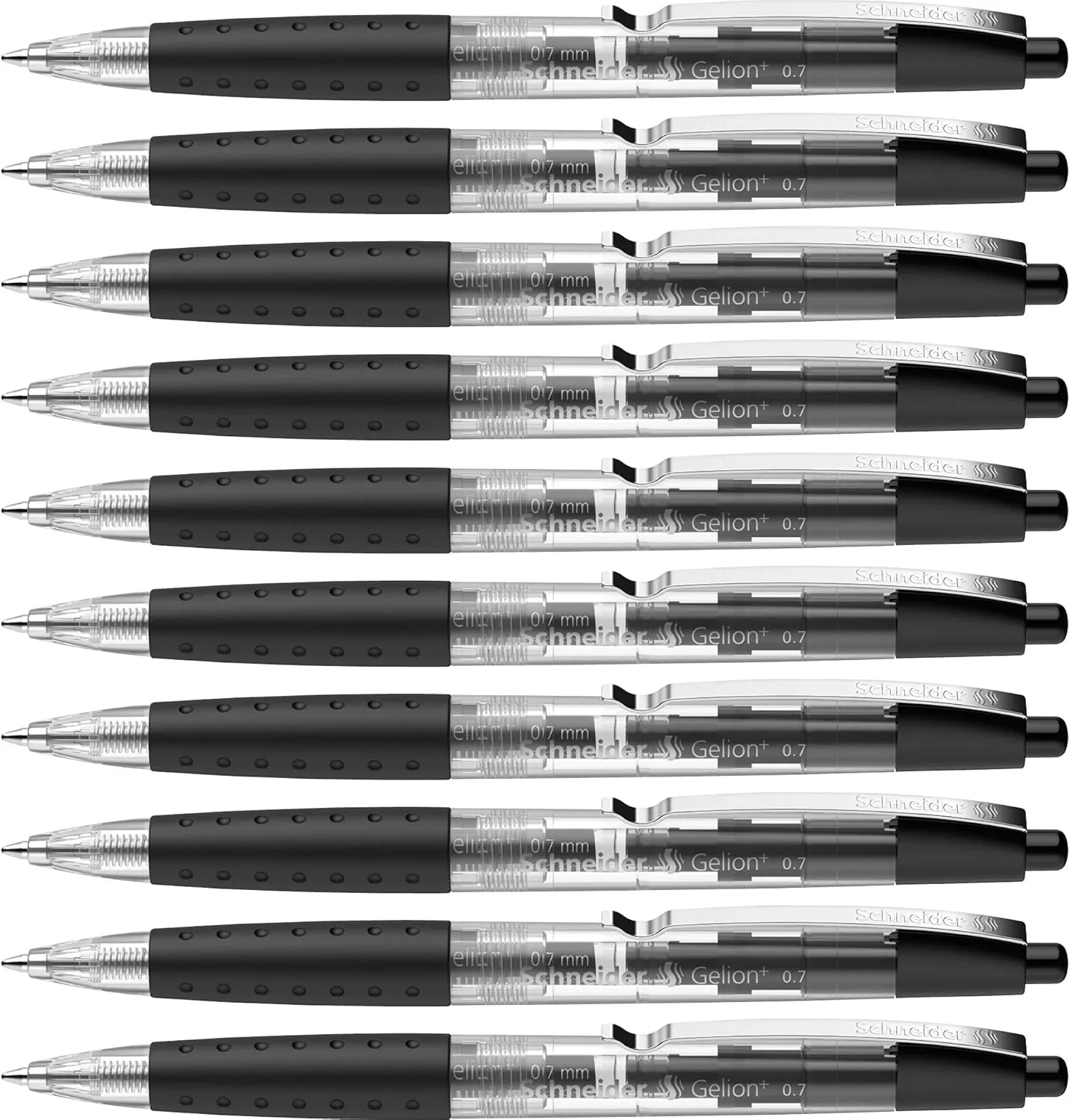 Schneider Gelion  Gel Pen, Refillable and Retractable, Gel Ink, 0.7 mm, Transparent Barrel, Black Ink, Box of 10 Pens (101001)