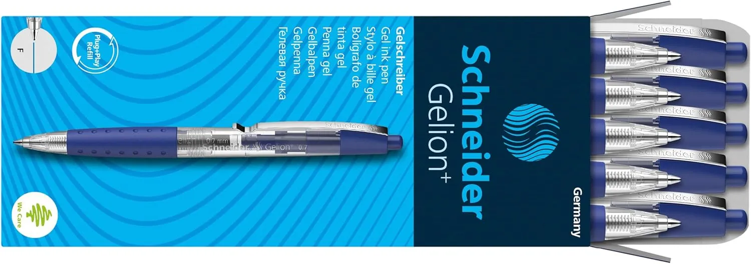Schneider Gelion  Gel Pen, Refillable and Retractable, Gel Ink, 0.7 mm, Transparent Barrel, Blue Ink, Box of 10 Pens (101003)