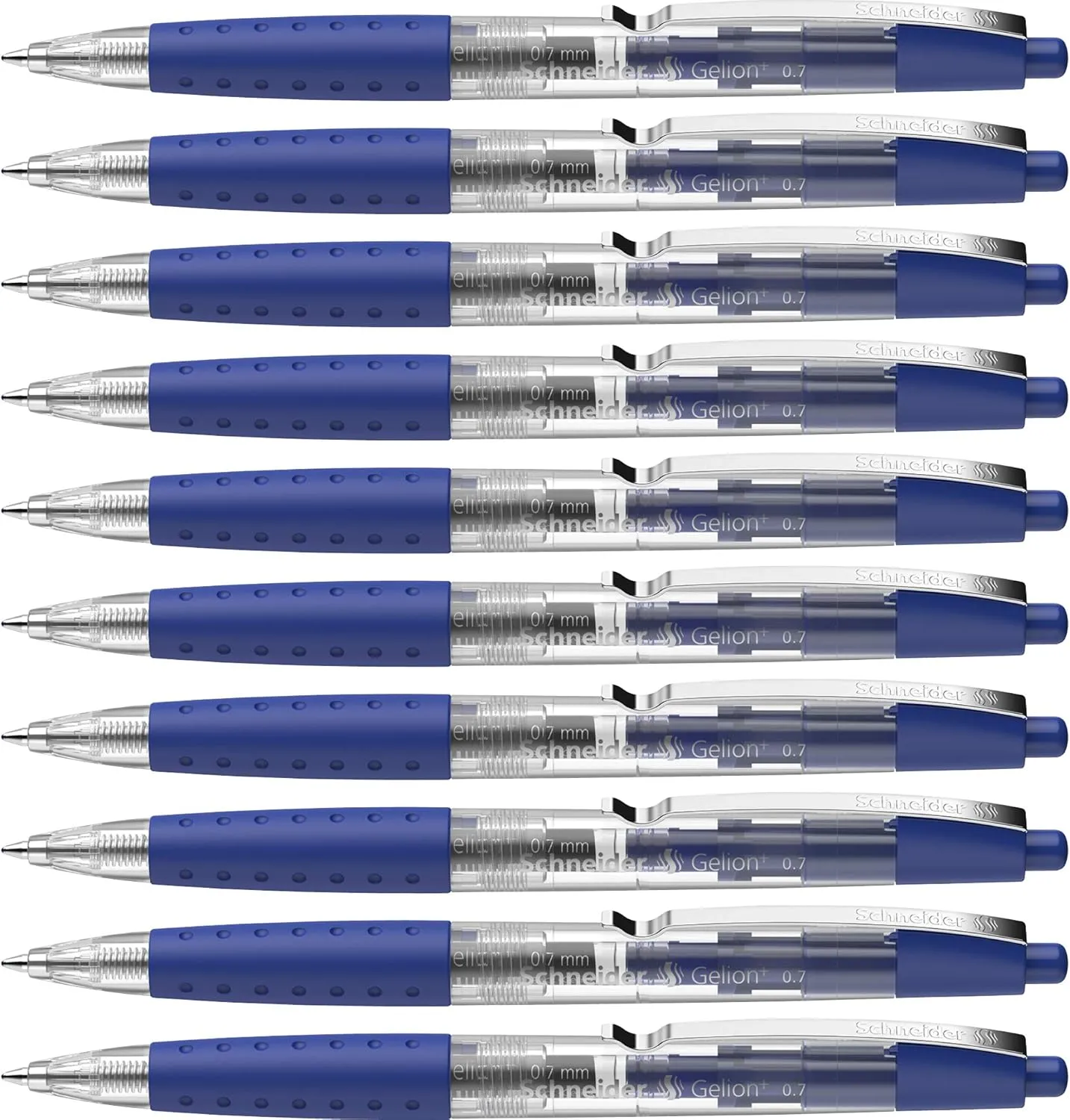 Schneider Gelion  Gel Pen, Refillable and Retractable, Gel Ink, 0.7 mm, Transparent Barrel, Blue Ink, Box of 10 Pens (101003)