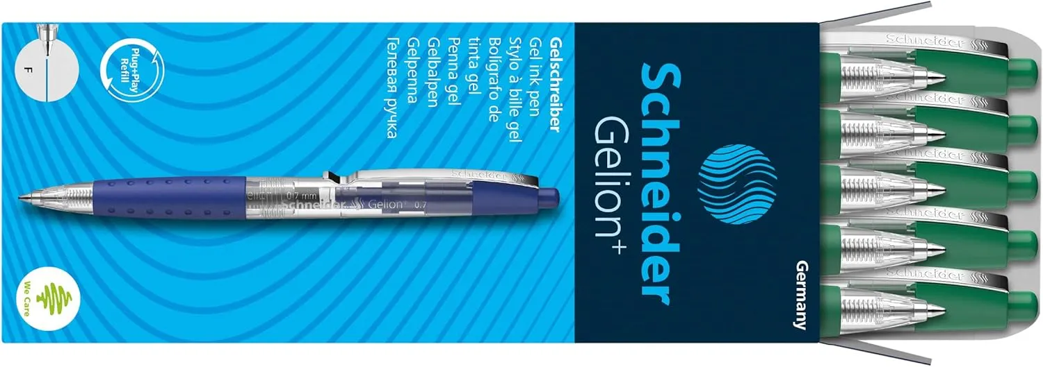 Schneider Gelion  Gel Pen, Refillable and Retractable, Gel Ink, 0.7 mm, Transparent Barrel, Green Ink, Box of 10 Pens (101004)