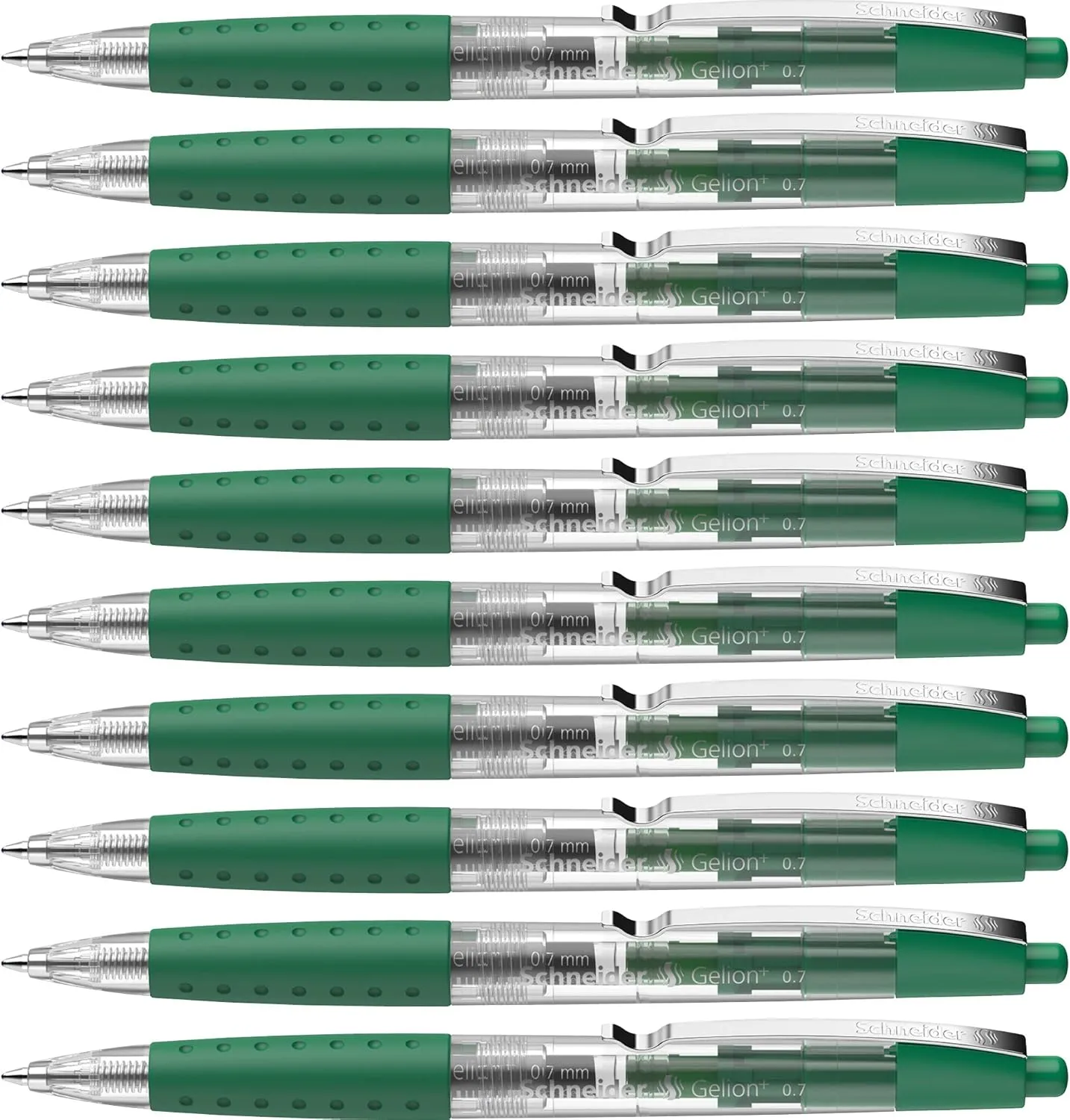 Schneider Gelion  Gel Pen, Refillable and Retractable, Gel Ink, 0.7 mm, Transparent Barrel, Green Ink, Box of 10 Pens (101004)