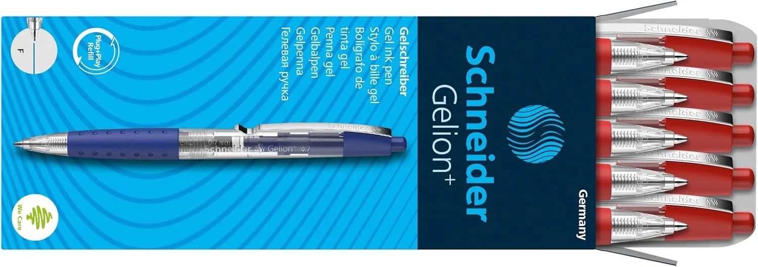 Schneider Gelion  Gel Pen, Refillable and Retractable, Gel Ink, 0.7 mm, Transparent Barrel, Red Ink, Box of 10 Pens (101002)