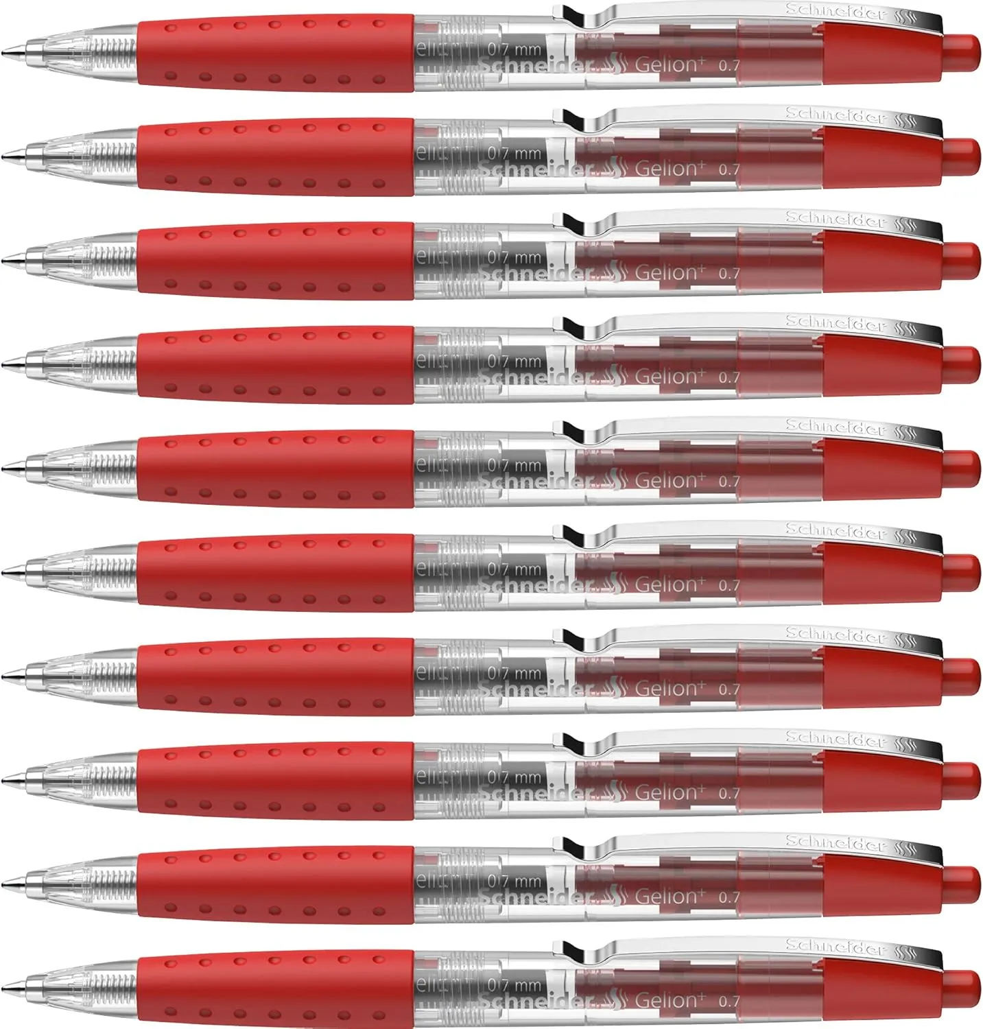 Schneider Gelion  Gel Pen, Refillable and Retractable, Gel Ink, 0.7 mm, Transparent Barrel, Red Ink, Box of 10 Pens (101002)