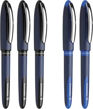 Schneider One Business Rollerball Pens, Ultra Smooth 0.6mm Tip, 5 Pens Includes 3 Black, 2 Blue
