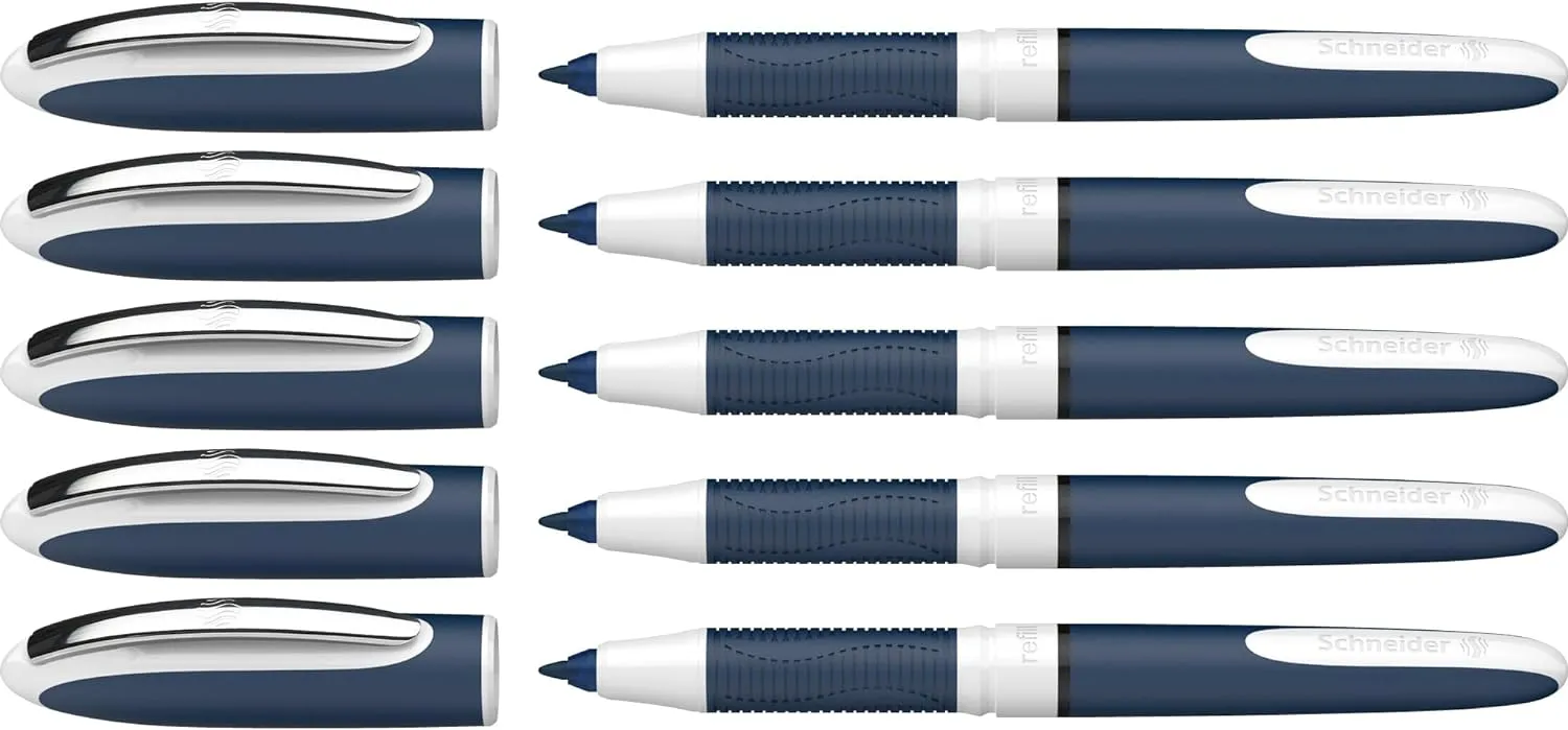 Schneider One Change Rollerball Pen, Refillable, 0.6 mm Ultra-Smooth Tip, Blue/White Barrel, Black Ink, Box of 5 Pens (183701)