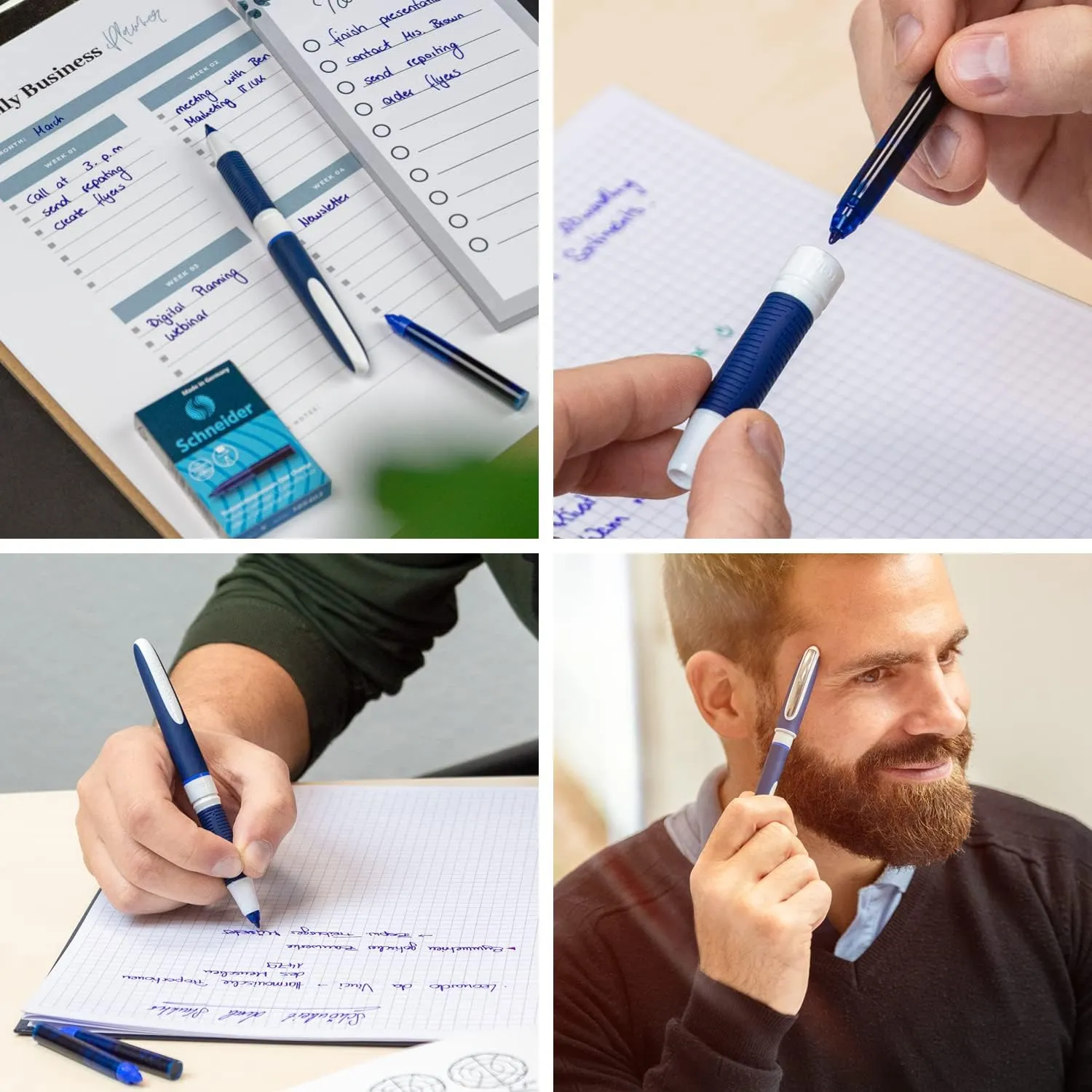 Schneider One Change Rollerball Pen, Refillable, 0.6 mm Ultra-Smooth Tip, Blue/White Barrel, Black Ink, Box of 5 Pens (183701)