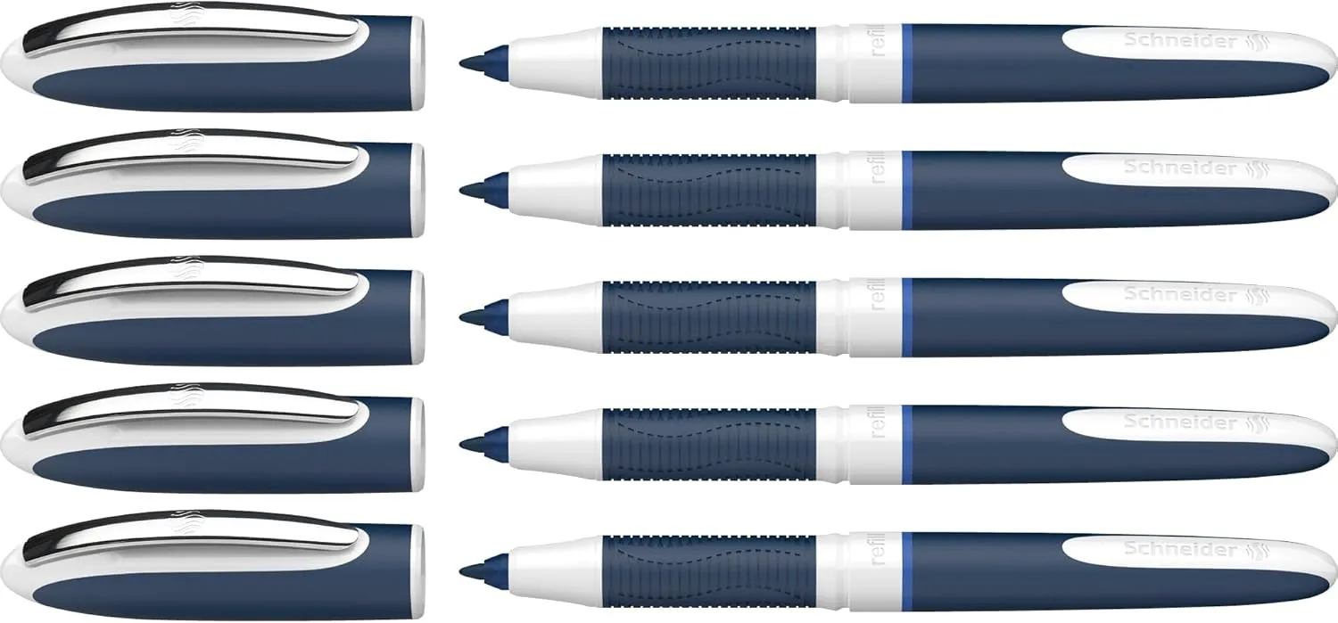Schneider One Change Rollerball Pen, Refillable, 0.6 mm Ultra-Smooth Tip, Blue/White Barrel, Blue Ink, Box of 5 Pens (183703)