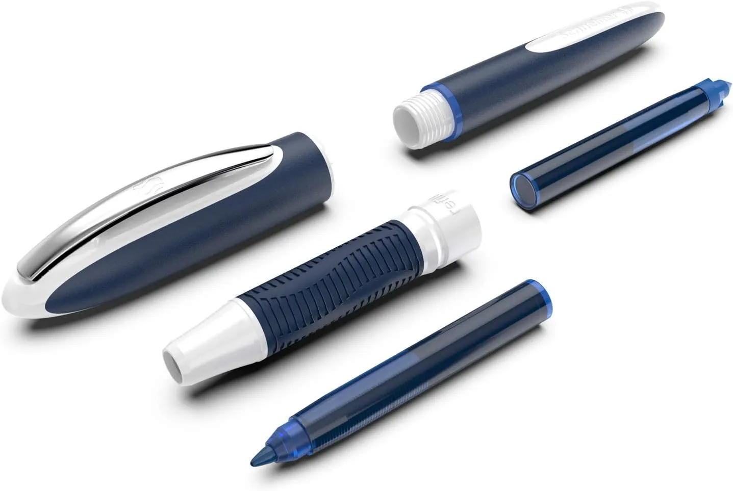 Schneider One Change Rollerball Pen, Refillable, 0.6 mm Ultra-Smooth Tip, Blue/White Barrel, Blue Ink, Box of 5 Pens (183703)