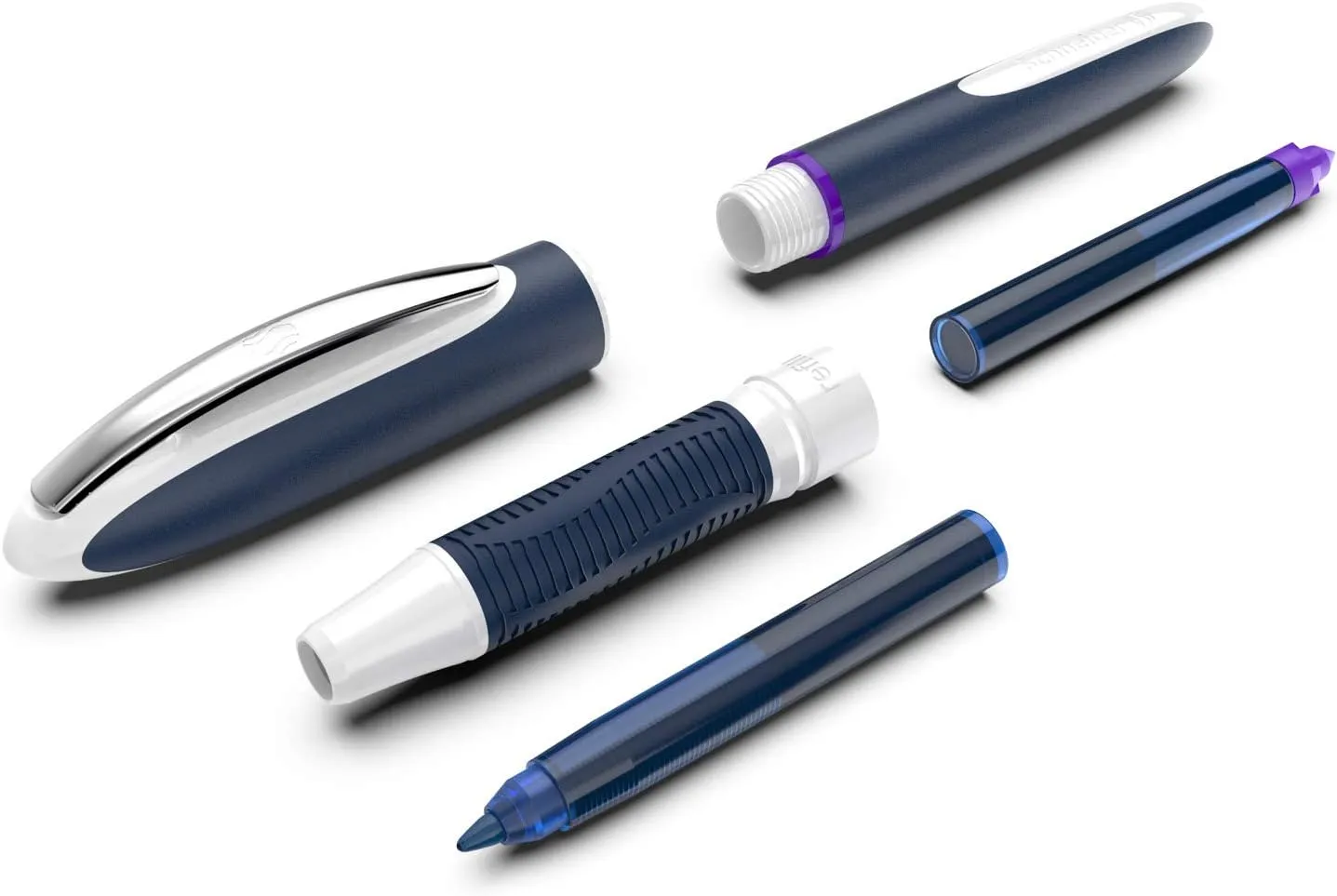 Schneider One Change Rollerball Pen, Refillable, 0.6 mm Ultra-Smooth Tip, Blue/White Barrel, Violet Ink, Box of 5 Pens (183708),Purple