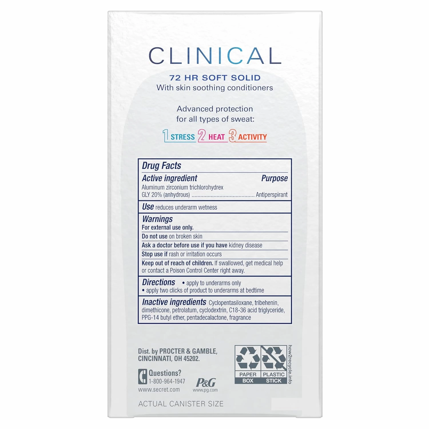 Secret Clinical Strength Antiperspirant Deodorant for Women, Free & Sensitive, 3X Stress Protection, 72hr Sweat & Odor Protection, PH Balancing Minerals, Soft Solid, Unscented, 1.6 oz (Pack of 3)