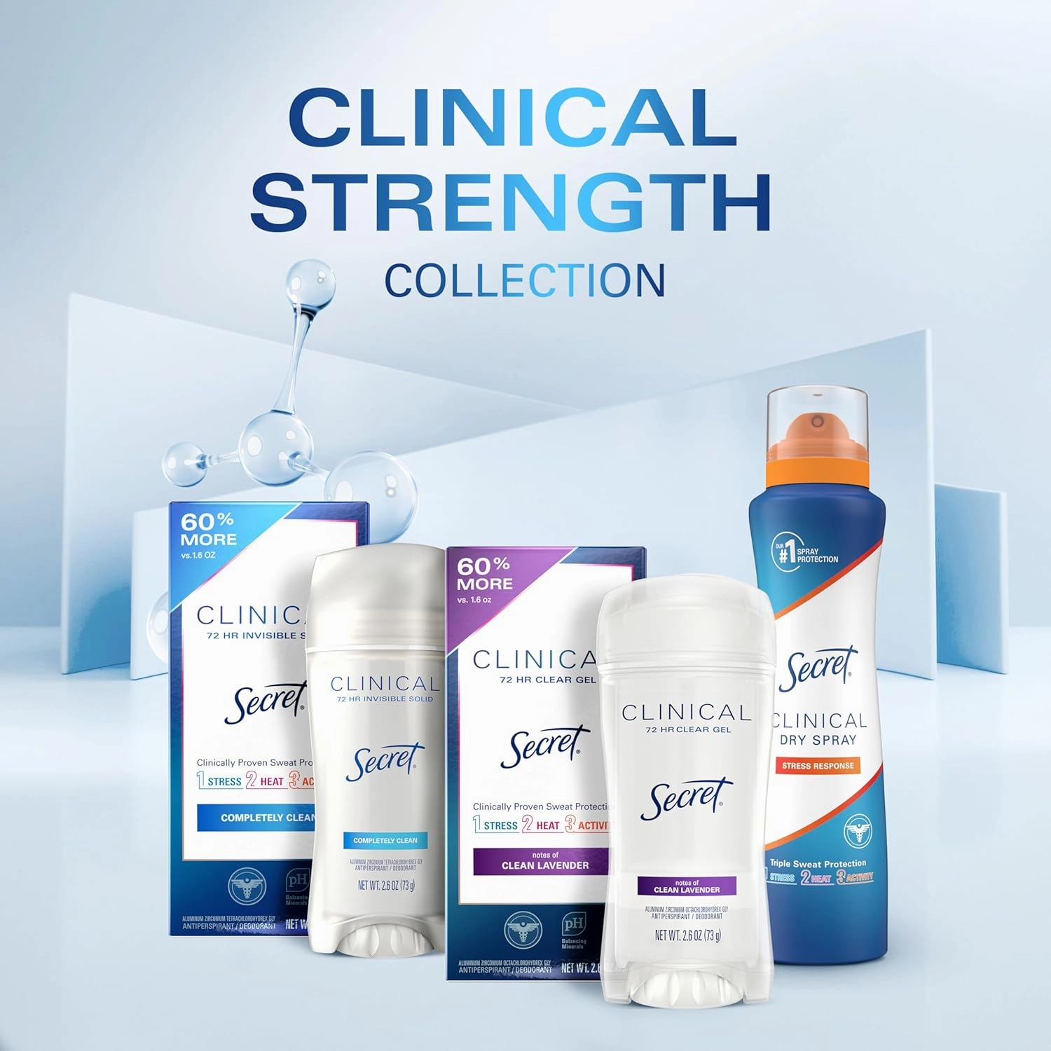 Secret Clinical Strength Antiperspirant Deodorant for Women, Free & Sensitive, 3X Stress Protection, 72hr Sweat & Odor Protection, PH Balancing Minerals, Soft Solid, Unscented, 1.6 oz (Pack of 3)