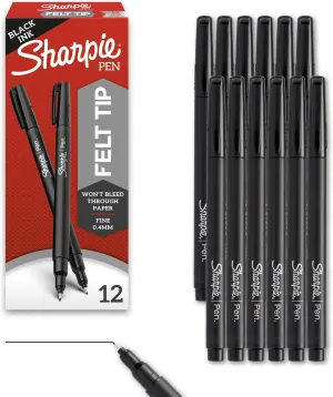 Sharpie Felt Tip Pens, Fine Point (0.4Mm) Felt Tip Markers, Journaling Pens, Art Markers, Drawing Markers, Black, 12 Count
