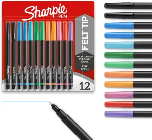 Sharpie Felt Tip Pens, Fine Point (0.4mm), Journaling & Art Markers, Slim Design, Won't Bleed, Assorted Colors, 12 Count - Ideal for Classroom, Home, Office