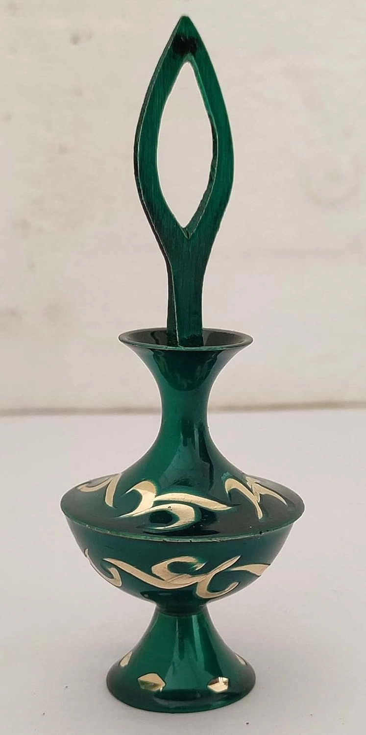 Sharvgun Surmadani Old Antique Pot Hand Bottle Surma Dani Islamic Design Eyeliner, Kajal Holder Brass Metal Make Up Accessoriese Without Surma Case Bottle-4" Tall Teal Green
