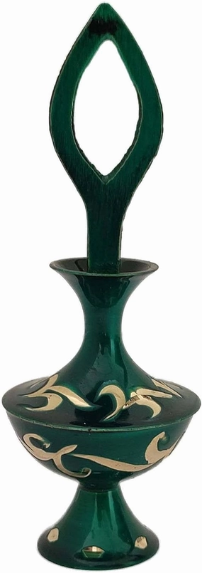 Sharvgun Surmadani Old Antique Pot Hand Bottle Surma Dani Islamic Design Eyeliner, Kajal Holder Brass Metal Make Up Accessoriese Without Surma Case Bottle-4" Tall Teal Green