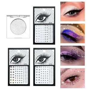 Shimmer Glitter Eyeshadow Palette & 3Pcs Self Adhesive Face Gems Rhinestones Stick on Set, Sparkle Bling Korean Eye Glitter, Single Eyeshadow Palette & Body Gems Diamonds for Eye Makeup